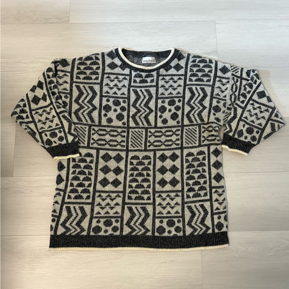 Vintage Garland Wool Blend Sweater Women's Medium Black Cream Geometric Knit